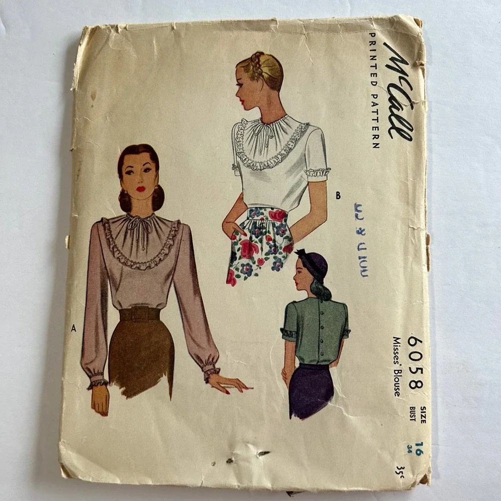 McCalls Vintage 1940's Pattern #6058 Women's Ruffle Blouse Size 16
